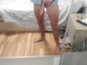 Preview 1 of Handsome Boy Good Body in Shirt with Giant Cock Masturbates her Until Cumming while Moaning