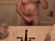 Preview 2 of Jerking off in the bathroom with a rubber band around my balls