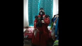 Sissy Maid Gasmask Breathplay Shiny Red Dress Vibrator