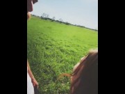 Preview 3 of Submissive girl deepthroating in an open field next to a country road