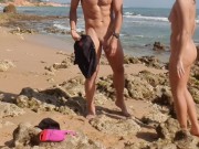 Preview 1 of Horny girl and guy undress on a public beach and masturbate - risky