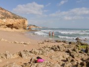Preview 4 of Horny girl and guy undress on a public beach and masturbate - risky