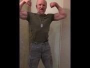 Preview 4 of Muscular army guy flexing big biceps and shooting cum, ready to fight!