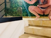 Preview 1 of MILF pissing down the stairs
