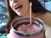 Preview 2 of Topless Little Boob Small Tits Tiny Breast Silly Cute Camgirl Puts Chest Into Giant Smoothie