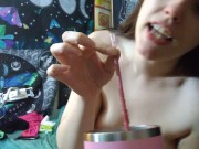 Preview 3 of Topless Little Boob Small Tits Tiny Breast Silly Cute Camgirl Puts Chest Into Giant Smoothie
