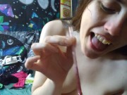 Preview 5 of Topless Little Boob Small Tits Tiny Breast Silly Cute Camgirl Puts Chest Into Giant Smoothie