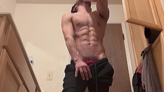 Horny teen in jeans fucks a sex toy with his huge dick