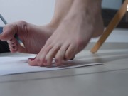 Preview 1 of Teen foot model writing and drawing with her bare feet (BIG feet, foot teasing, teen feet, soles)