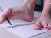 Preview 2 of Teen foot model writing and drawing with her bare feet (BIG feet, foot teasing, teen feet, soles)