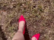 Preview 1 of SEXY FEET IN PINK HIGH HEELS WALKING!