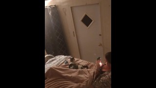 Beautiful white girl smokes in black night gown  with a roommate part 3b