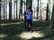 Preview 1 of Girl bound in public to tree in forest and suspended; almost dicovered!