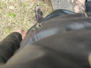 Preview 3 of Female attire Leather jacket Skirt Masturbation Torture Pumps Black pantyhose Japanese