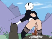 Preview 6 of 2D Huge BBC Dildo Anal on Mountain Top - Nier Automata Parody - Outdoor Animated public Cartoon porn