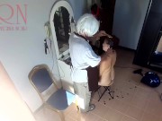 Preview 1 of Camera in nude barbershop. Hairdresser makes undress lady ho cut her hair. Barber, nudism. CAM 22
