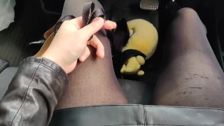 Short shorts black tights leather Japanese crossdress outdoor high heel pumps masturbating crush