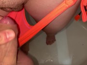 Preview 3 of My boyfriend cums in my bikini and my hairy pussy and I surprise him (Pissing)