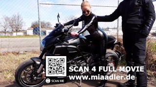 TRAILER! Leather hobby whore rides User Micha's new motorcycle! Ultra cumshot