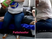 Preview 1 of Asian BBW eating & watching tv on slave human furniture sitting on his dick