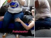 Preview 2 of Asian BBW eating & watching tv on slave human furniture sitting on his dick