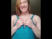 Preview 1 of Blue eyed ginger trans woman plays with her tits and nipples