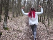 Preview 2 of Fast blowjob and footjob in the spring forest with pinkhair girl