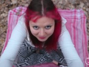 Preview 5 of Fast blowjob and footjob in the spring forest with pinkhair girl