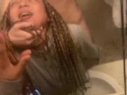 Preview 2 of Blasian bent over bathroom sink while roommates in other room