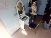 Preview 1 of Camera in nude barbershop. Hairdresser makes undress lady ho cut her hair. Barber, nudism. Cam 2