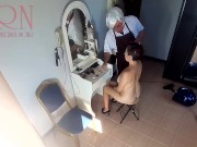 Preview 4 of Camera in nude barbershop. Hairdresser makes undress lady ho cut her hair. Barber, nudism. Cam 2