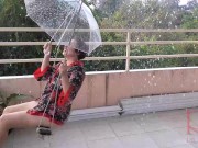 Preview 3 of Depraved housewife swinging without panties, hiding from the rain under an umbrella. 2