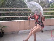 Preview 4 of Depraved housewife swinging without panties, hiding from the rain under an umbrella. 2