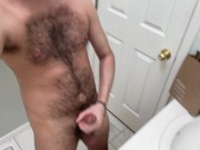 Preview 3 of hairy arab jerks off my big dick in the bathroom ending in a messy cumshot