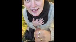 Mature woman sucks in the woods and gets a facial