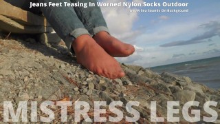 Jeans Feet Teasing In Worned Nylon Socks Outdoor