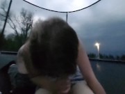 Preview 2 of Big booty white girl sucks dick and fucks on trampoline during tornado warning