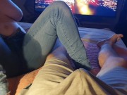 Preview 2 of ⭐ Hot Pissing Couple! Topless Girl in Pissy Jeans Plays with Boyfriend as He Pees Shorts!