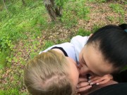 Preview 2 of Two Girlfriends Suck Cock in the Woods - Threesome Outdoor Blowjob - Public POV