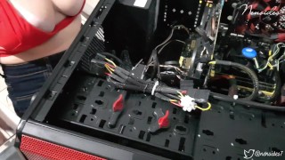 Gamer girl fixing computer - Nip slip