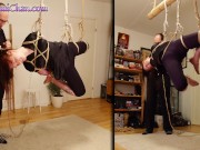 Preview 4 of Shibari girl in side suspension; crotch rope, spanking and bastinado fun