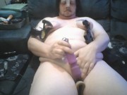 Preview 1 of Fat Pig Boy FTM Transgender Man Jerks off Clitcock, Vibrator, and Pussy Whipping, Tit Clamps BDSM