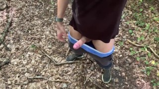 Horny guy blows his big load in the woods