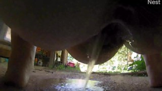 Fat girl peeing on camera outside wet hairy pussy pissing on feet