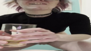 Dirty slut drinks her own piss