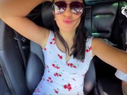 Preview 1 of Beautiful brunette with big ass sucks and fucks doggy style in public,for a car ride