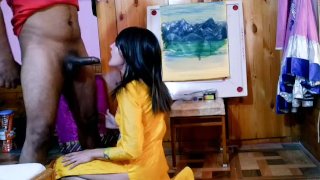 Girl stop painting and starts giving blowjob to boyfriend