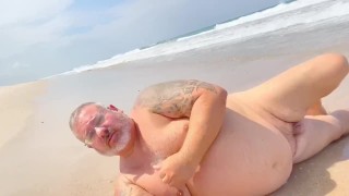 Old fat grey haired man has naked day and cums big at the beach 