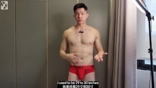 Horny Asian college jock plays with dildo in risky public shower