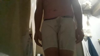 Desperate Wetting! Held it for over 6 hrs! Huge cumshot after soaking my white shorts in PISS!